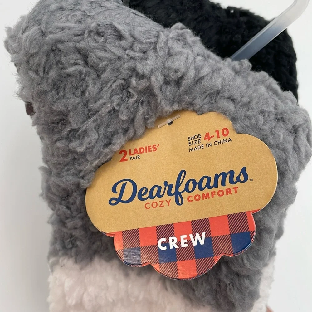 Dearfoams‎ Crew Fuzzy Slipper Cabin Socks Shoe Size 4-10 - 2 Pack - Black/Grey
